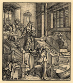 Burgkmair, Hans, der Ältere - Der Weisskunig: Der junge Maximilian im Raum voller Musikinstrumente, Streich-, Blas- und Schlaginstrumente