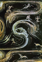 Orientalische angewandte Kunst - Stilisierte Wolkenformen und Fabelwesen. Detail, schwarzer Außensarg. Grab 1 von Mawangdui