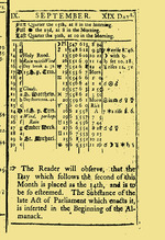 Historisches Objekt - September - 19 Tage, aus The Virginia almanack, for the year of our Lord God 1752