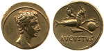 Numismatik, Antike Münzen - Aureus von Kaiser Augustus. Kopf des Augustus (Vorderseite), Steinbock mit Fischschwanz, eine Weltkugel haltend (Rückseite)