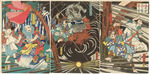 Kunichika, Toyohara - Kiyomori und Legende des Nunobiki-Wasserfalls: Der Geist von Akugenta Yoshihira schlägt Nanba Jiro nieder (Triptychon)
