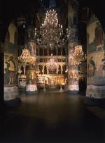 Old Russian Architecture - Interior with the iconostasis in the Assumption of the Blessed Virgin Cathedral in the Moscow Kremlin