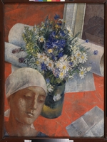 Petrov-Vodkin, Kuzma Sergeyevich - Flowers and a Woman's head