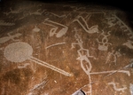 Russian Forest Cultures - Carved Petroglyph (People, deers, elks, birds, boots and circles)