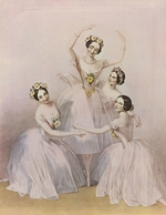 Chalon, Alfred Edward - Carlotta Grisi (left), Marie Taglioni (center), Lucille Grahn (right back), and Fanny Cerrito (right front) in the Pugni Pas de