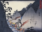 Hiroshige, Utagawa - Travellers on a Mountain path at night  (from 53 Stations of the Tokaido)