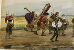 Vladimirov, Ivan Alexeyevich - Peasants returning home after pillaging a country house of a rich landlord (from the series of watercolors Russian revolution)