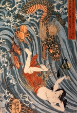 Kuniyoshi, Utagawa - Princess Tamatori steals dragon god's tide jewels