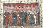 Anonymous - The coronation of Philippe II Auguste in the presence of Henry II of England (From the Chroniques de France ou de St Denis)