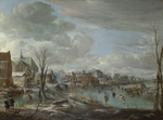 Neer, Aert, van der - A Frozen River near a Village, with Golfers and Skaters