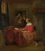 Metsu, Gabriel - A Woman seated at a Table and a Man tuning a Violin