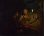 Schalcken, Godfried Cornelisz - A Candlelight Scene. A Man offering a Gold Chain and Coins to a Girl seated on a Bed