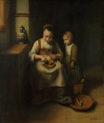 Maes, Nicolaes - A Woman scraping Parsnips, with a Child standing by her