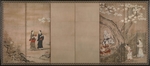 Naganobu, Kano Isenin - Merry-making under aronia blossoms. Right of a pair of six-section folding screens