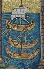 Antique Art - The Roman galleys. Mosaic from Ravenna, copy