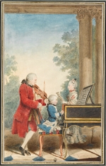 Carmontelle, Louis - Portrait of Wolfgang Amadeus Mozart playing in Paris with his father Johann Georg Leopold