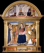 Lorenzo di Pietro (Vecchietta) - Madonna with Child and Saints Blaise, John the Baptist, Nicholas and Florian. The Annunciation
