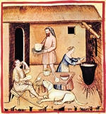 Anonymous - The production of cheese. A miniature from Tacuinum Sanitatis