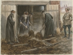 Vladimirov, Ivan Alexeyevich - Russian clergy shoveling hay: September 1918 (from the series of watercolors Russian revolution)