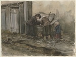 Vladimirov, Ivan Alexeyevich - Two women and a child searching through trash bin (from the series of watercolors Russian revolution)