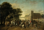 Hillegaert, Paulus van - Prince Maurice of Orange accompanied by Frederick V and his wife Elizabeth Stuart, King and Queen of Bohemia, at the Buitenhof i