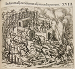 Bry, Theodor de - Some Indians are killed, some perish in a fire. (From: Americae pars qvarta)
