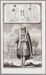 Luyken, Jan (Johannes) - Jewish man, dressed for prayer. On the background the Portuguese Synagogue of Amsterdam