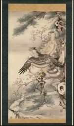Shohaku, Soga - Pair of Hawks with Branch and Blossoms