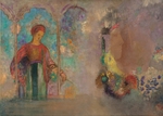 Redon, Odilon - Woman in a gothic arcade. Woman with flowers