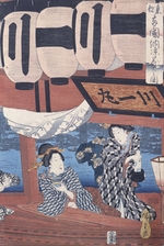 Hiroshige, Utagawa - Enjoying the fireworks and the cool of the evening at Ryogoku bridge in the Eastern Capital
