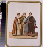 Solntsev, Fyodor Grigoryevich - Clothing of the unmarried Boyar's daughters at the Time of Peter I (From the series Clothing of the Russian state)