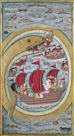 Indian Art - Sea serpent swallows the royal fleet