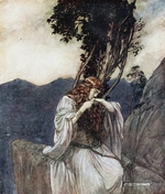 Rackham, Arthur - Brünnhilde kisses the ring that Siegfried has left with her. Illustration for Siegfried and The Twilight of the Gods