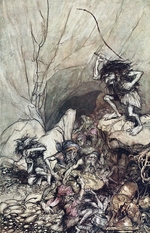 Rackham, Arthur - Alberich drives in a band of Niblungs laden with gold and silver treasure. Illustration for The Rhinegold and The Valkyrie