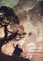 Rackham, Arthur - Wotan turns and looks sorrowfully back at Brünnhilde. Illustration for The Rhinegold and The Valkyrie by Richard Wagner