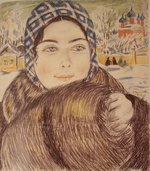 Kustodiev, Boris Michaylovich - A young merchant's wife in the a checkered scarf