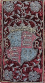 Anonymous master - Embroidered velvet binding on John Udall's Sermons with the arms of Elizabeth I
