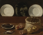 Barbieri, Paolo Antonio - Still life with plates, a sack filled with olives, game, pomegranates, and quince