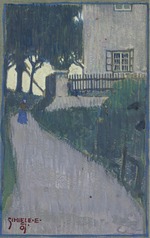 Schiele, Egon - Landscape with house, trees and female figure
