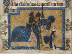 Anonymous - Sir Geoffrey Luttrell, mounted, being assisted by Beatrice Le Scrope. From the Luttrell Psalter