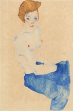Schiele, Egon - Sitting young woman, half nude with blue skirt (Wally Neuzil)