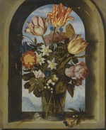Bosschaert, Ambrosius, the Elder - tulips, moss-roses, lily-of-the-valley and other flowers in a glass beaker set in an arched stone window opening