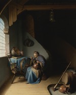 Dou, Gerard (Gerrit) - An elderly woman at her spinning wheel, eating porridge