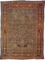 Central Asian Art - Amida carpet depicting the emblem of Emir: lion attacking bull