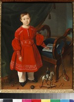 Anonymous - Portrait of a boy in a red dress with toys and an alphabet book