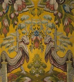 West European Applied Art - Silk fabric with silver thread, satin ground with a brocaded pattern