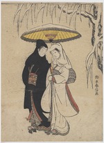 Harunobu, Suzuki - Young Lovers Walking Together under an Umbrella in a Snow Storm