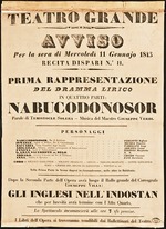 Verdi, Giuseppe - Poster for the opera Nabucco by Giuseppe Verdi in Teatro Grande on 11 January 1843