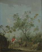 Grund, Norbert - Forest landscape with a lady on horseback, a falconer and a huntsman