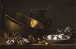 Meléndez, Luis Egidio - Still life with oysters, garlic, eggs, pear and pot